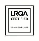 LRQA Certified ISO 9001 and ISO IEC 27001 certification badge