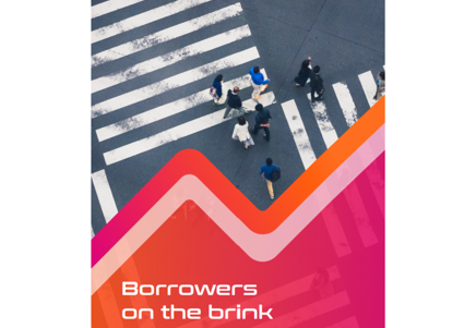 Report cover: 'Borrowers on the Brink 2024' with a graphic of people on a zebra crossing and an upward trend line